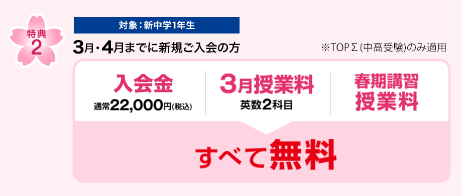 特典1　2月・3月・4月までに新規ご入室の方 入学金無料