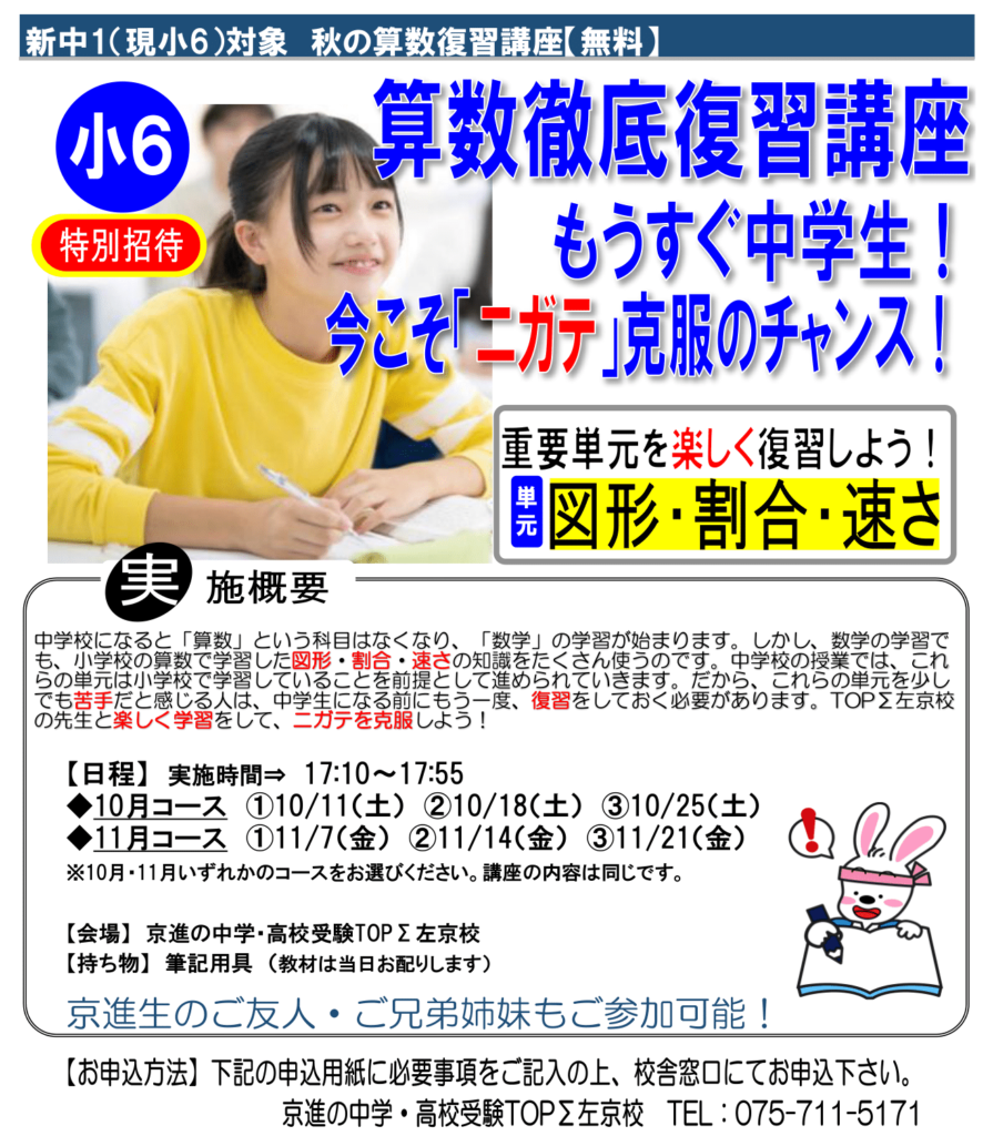 算数徹底復習
小６
新中学１年生
割合
図形
速さ